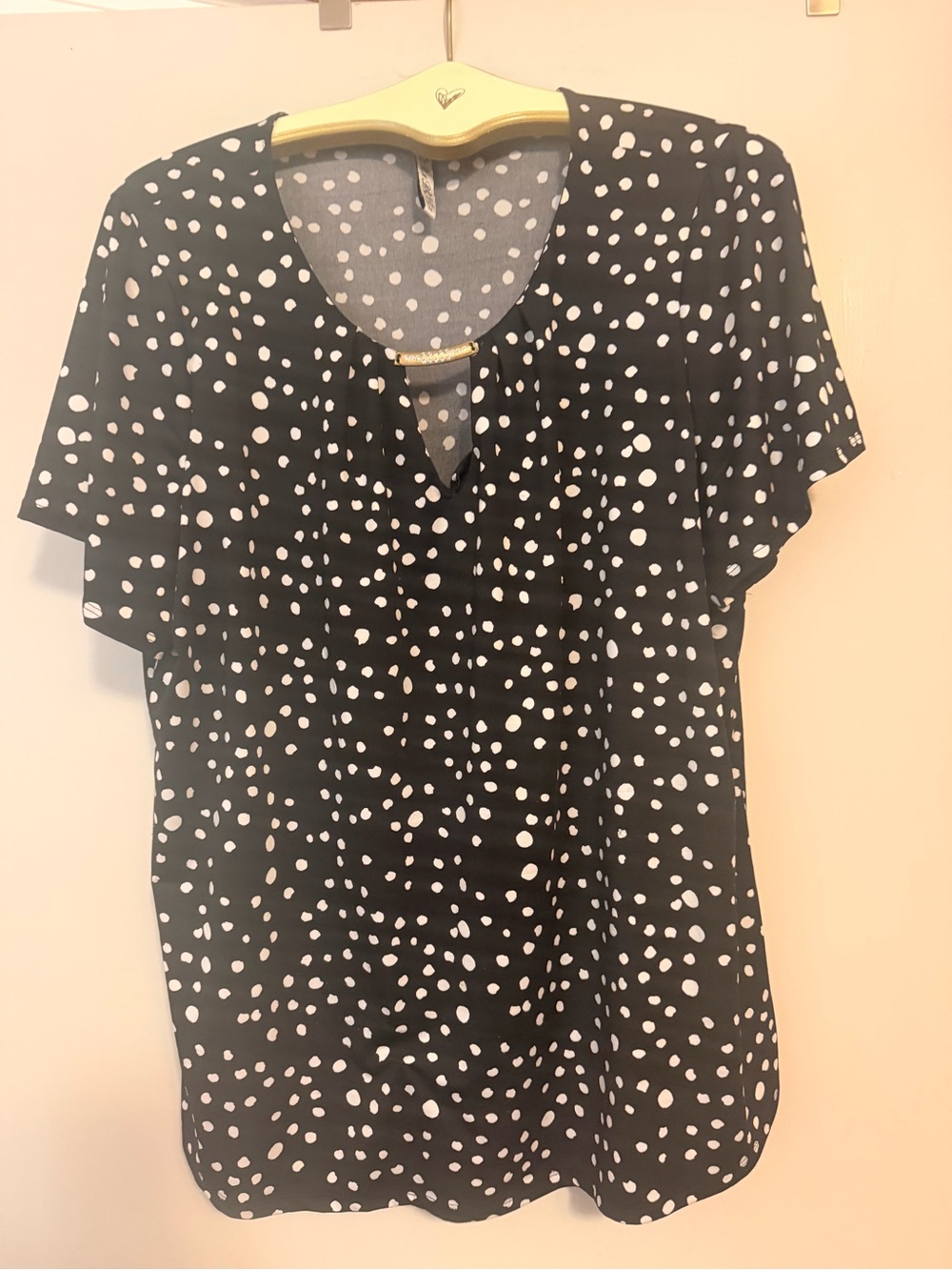 RNB Black & White Polka Dot V-Neck Blouse with Jewel Accent